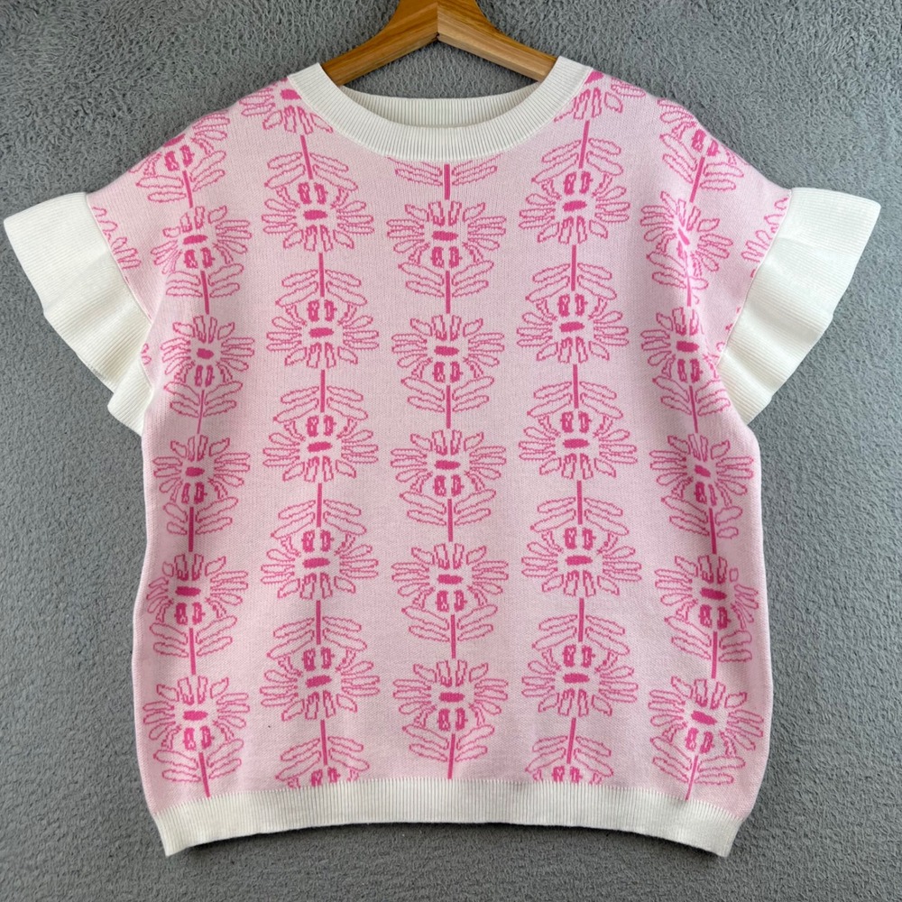 BIB! Pink White Floral Knit Ruffle Sleeve Sweater Top Small